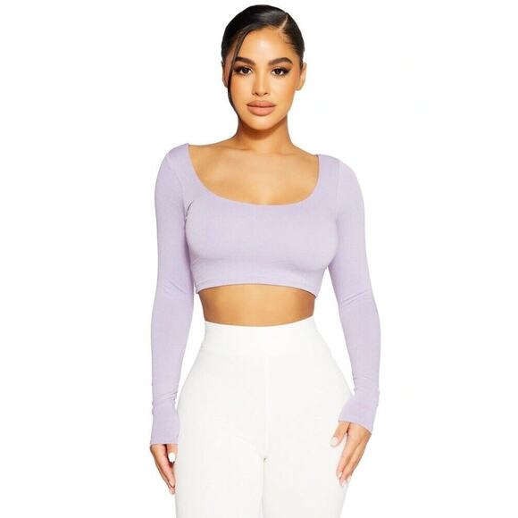 NWT Naked Wardrobe Scoop Neck Crop Top Long Sleeve Stretch Iris Plus Size 1X - Picture 1 of 10